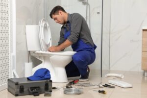 professional plumber tending to leaking toilet